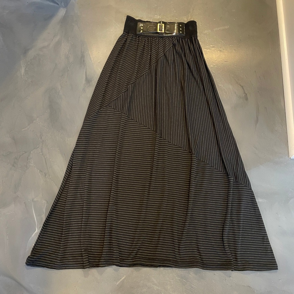 Magic Womens Black Striped Belted Maxi Skirt Faux Buckle Size S Goth Broomstick